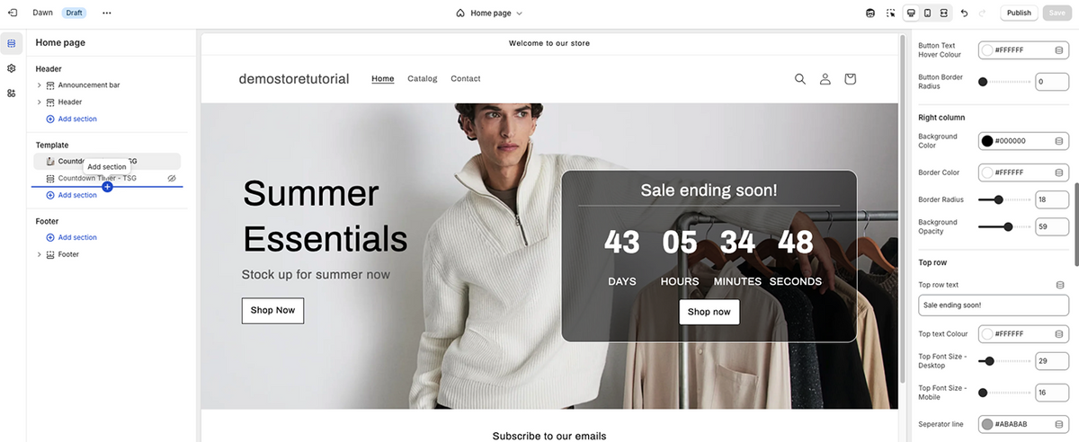 Countdown timer shopify section
